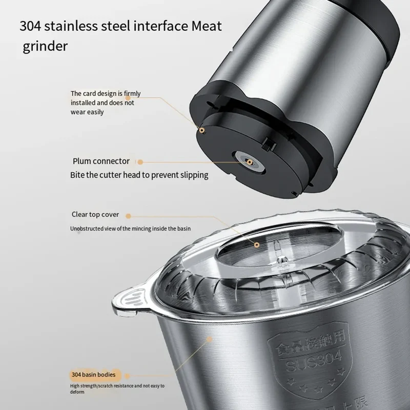 Hachoir Électrique Multifonction Inox 304 — 300 W, 2 L ou 3 L, Double Vitesse
