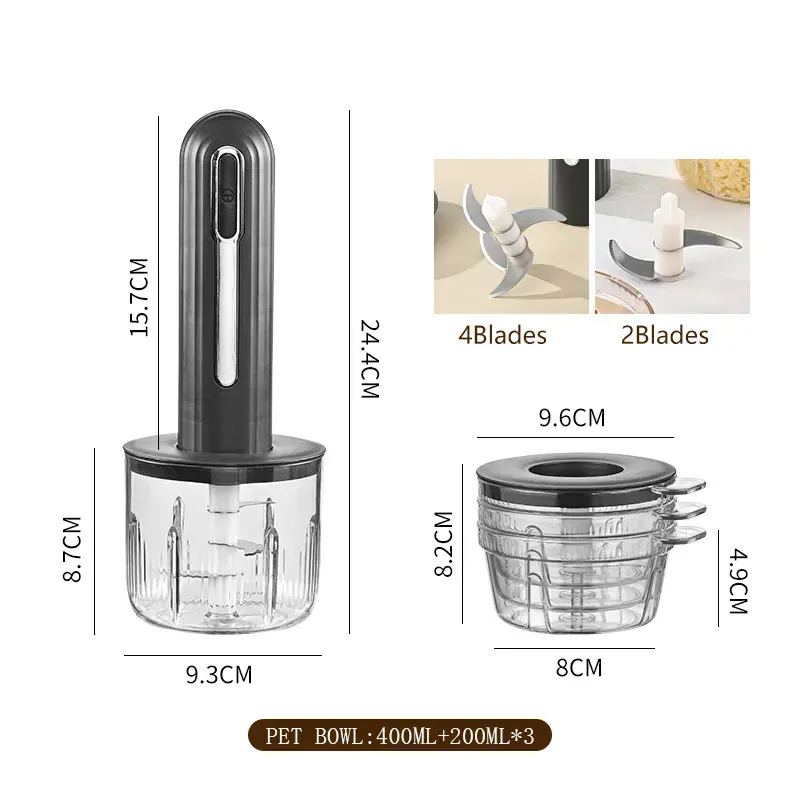 Hachoir Électrique Sans Fil 30 W USB — 1 Grand Bol 400 ml + 3 Petits Bols 200 ml