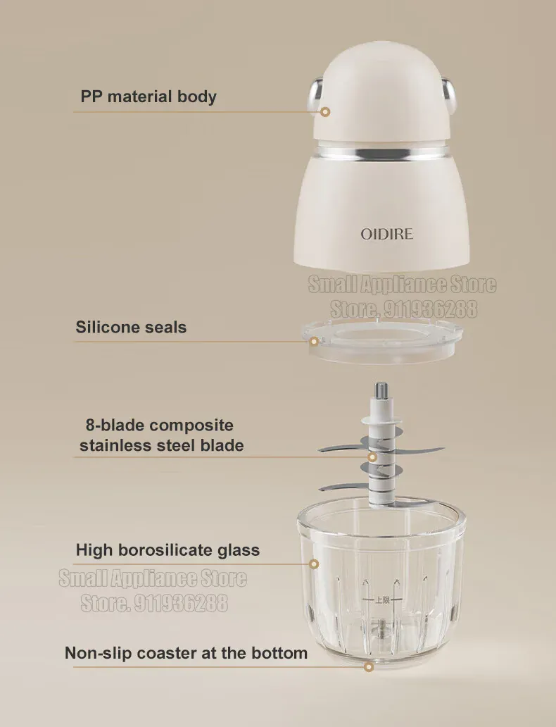 Mini Hachoir Électrique 150W 0,3L — Bol en Verre Borosilicaté, 8 Lames Inox