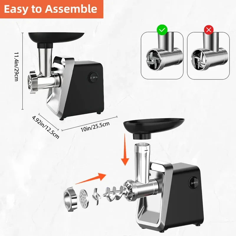 Hachoir à Viande Électrique 750 W — Inox, 3 Grilles, Accessoires Saucisse et Kebbe