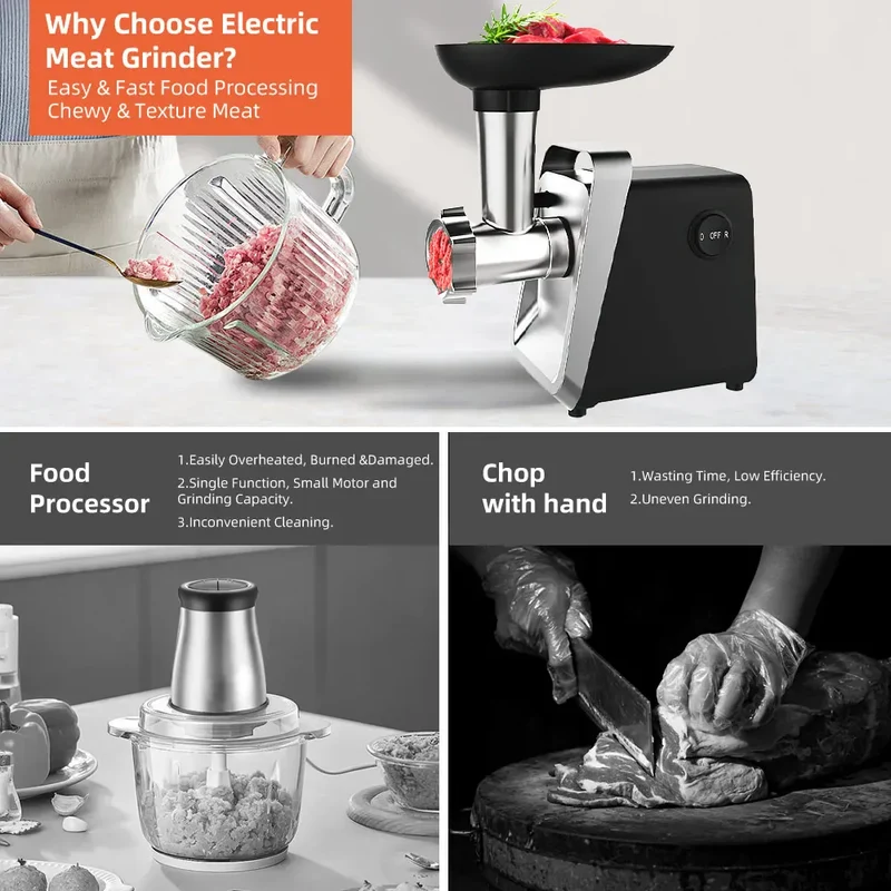 Hachoir à Viande Électrique 750 W — Inox, 3 Grilles, Accessoires Saucisse et Kebbe