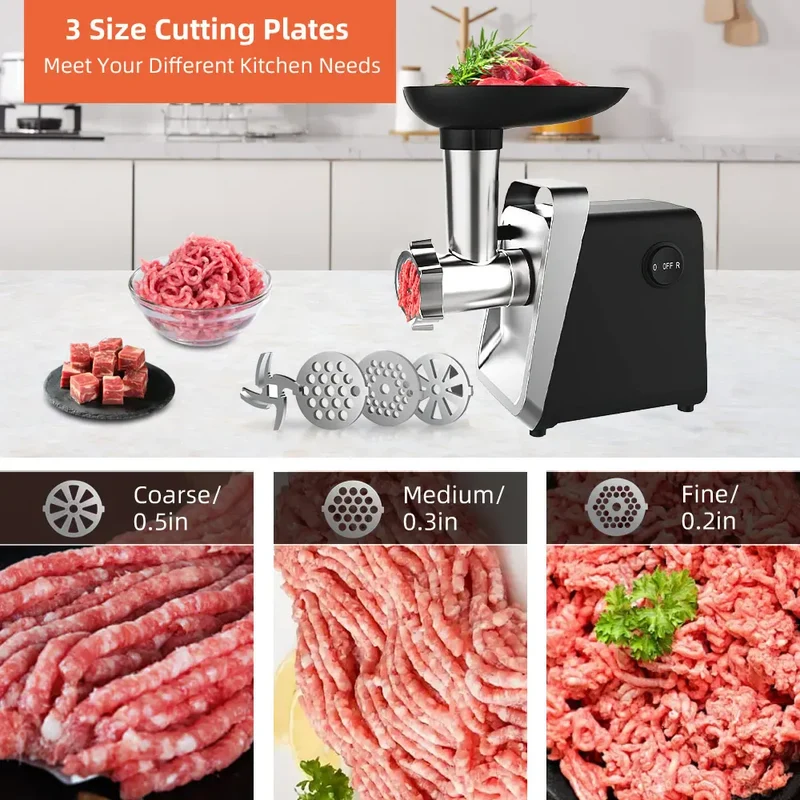 Hachoir à Viande Électrique 750 W — Inox, 3 Grilles, Accessoires Saucisse et Kebbe