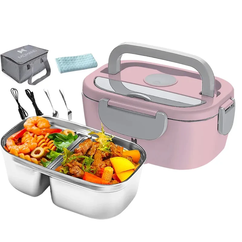 Lunch Box Chauffante Électrique 65 W — Cuve Inox 304 Amovible 1,5 L, 2 Compartiments, Voiture et Secteur