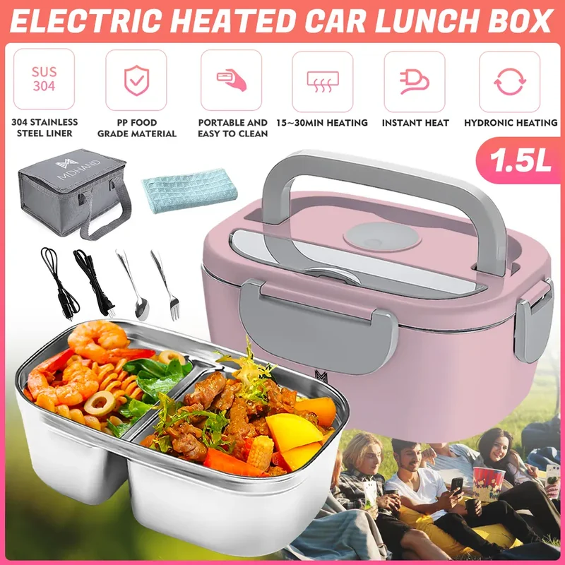 Lunch Box Chauffante Électrique 65 W — Cuve Inox 304 Amovible 1,5 L, 2 Compartiments, Voiture et Secteur