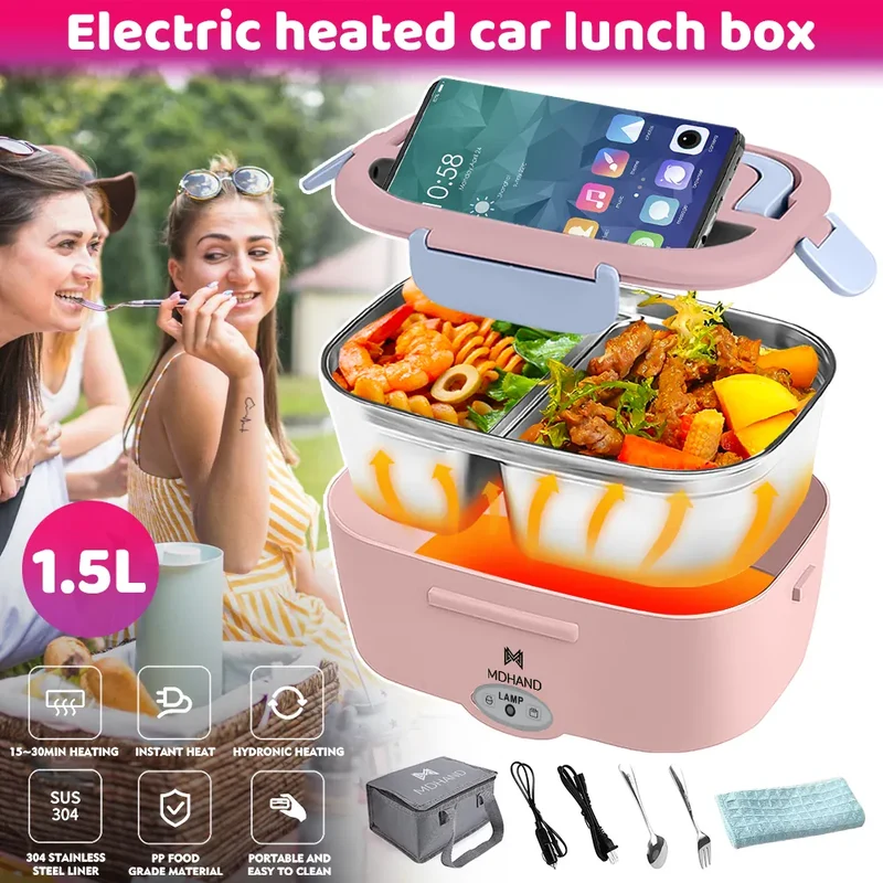 Lunch Box Chauffante Électrique 65 W — Cuve Inox 304 Amovible 1,5 L, 2 Compartiments, Voiture et Secteur