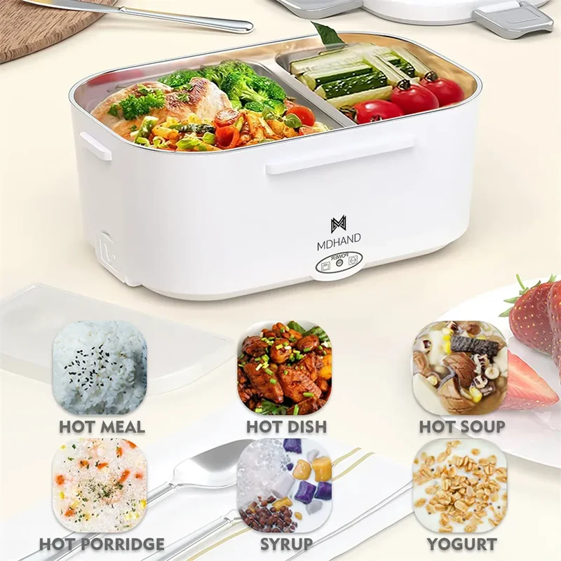 Lunch Box Chauffante Électrique 65 W — Cuve Inox 304 Amovible 1,5 L, 2 Compartiments, Voiture et Secteur