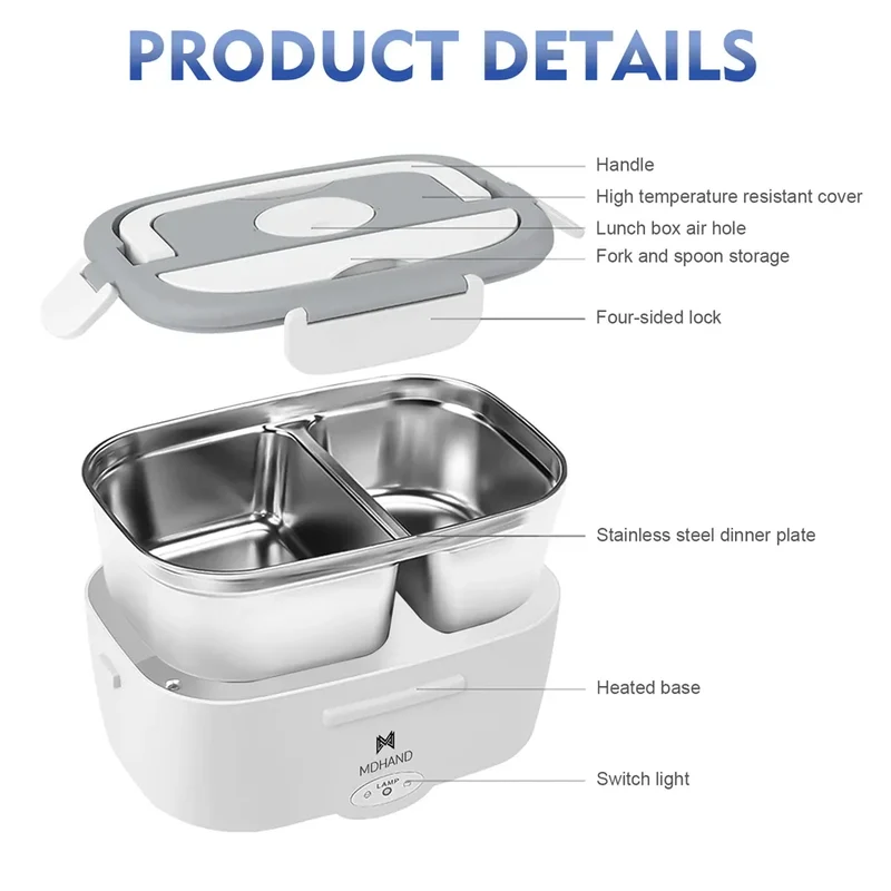 Lunch Box Chauffante Électrique 65 W — Cuve Inox 304 Amovible 1,5 L, 2 Compartiments, Voiture et Secteur