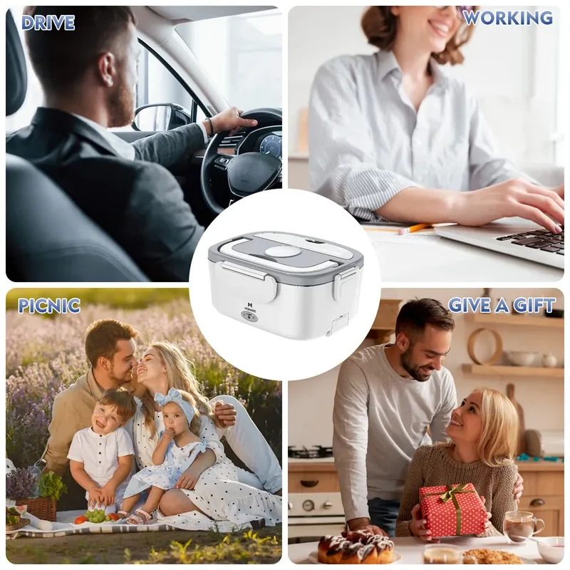 Lunch Box Chauffante Électrique 65 W — Cuve Inox 304 Amovible 1,5 L, 2 Compartiments, Voiture et Secteur