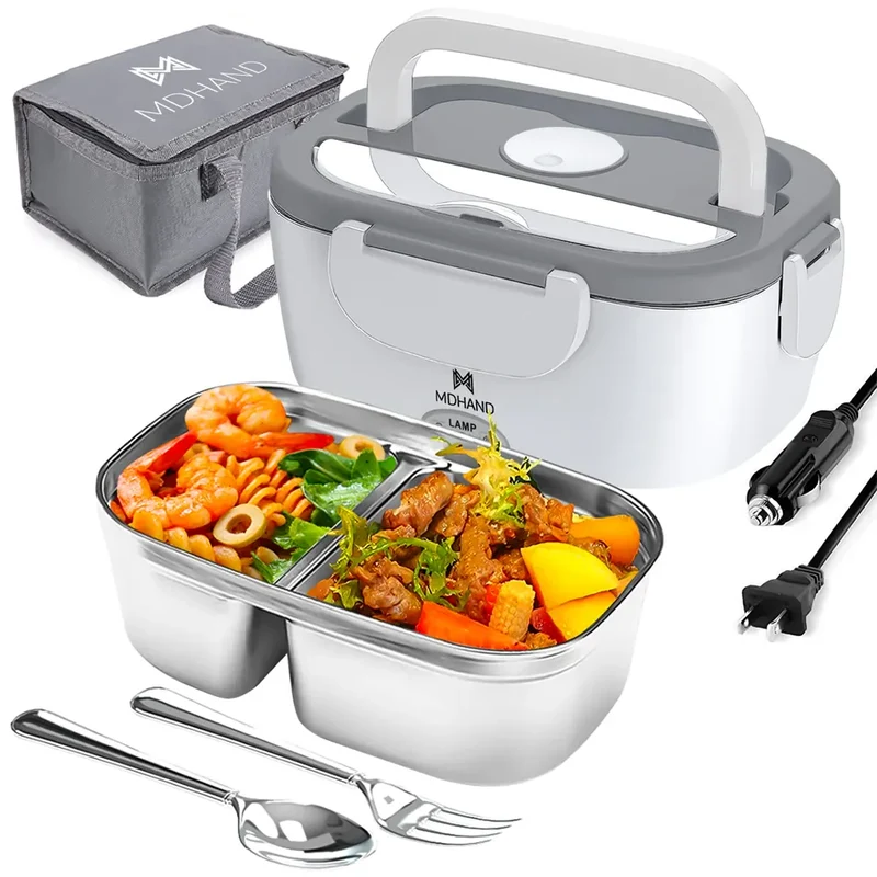 Lunch Box Chauffante Électrique 65 W — Cuve Inox 304 Amovible 1,5 L, 2 Compartiments, Voiture et Secteur