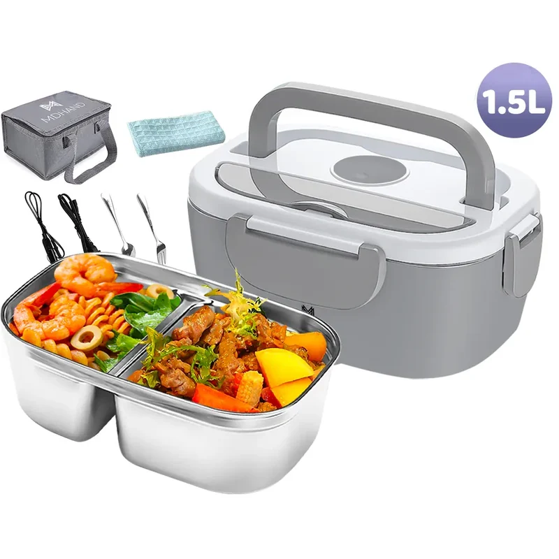 Lunch Box Chauffante Électrique 65 W — Cuve Inox 304 Amovible 1,5 L, 2 Compartiments, Voiture et Secteur
