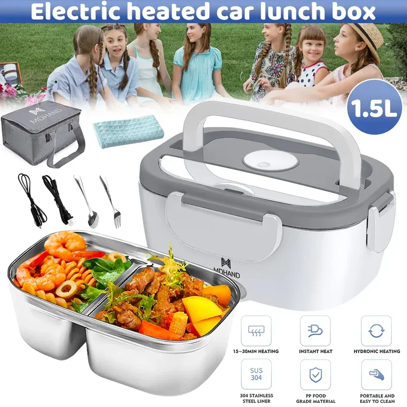 Lunch Box Chauffante Électrique 65 W — Cuve Inox 304 Amovible 1,5 L, 2 Compartiments, Voiture et Secteur
