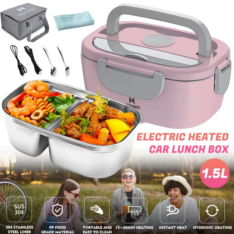 Lunch Box Chauffante Électrique 65 W — Cuve Inox 304 Amovible 1,5 L, 2 Compartiments, Voiture et Secteur