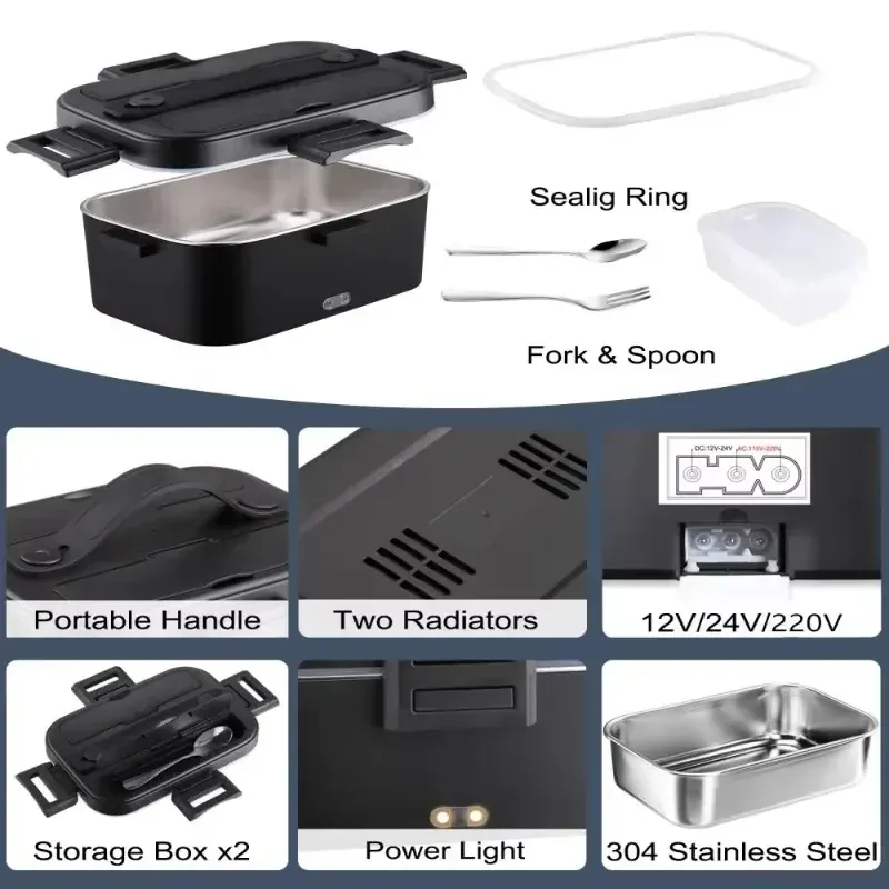 Lunch Box Chauffante Électrique 75 W — Cuve Inox 304 1,8 L — 12 V / 24 V / 220 V avec Sac Isotherme