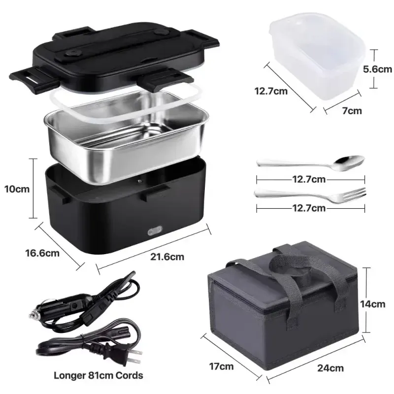 Lunch Box Chauffante Électrique 75 W — Cuve Inox 304 1,8 L — 12 V / 24 V / 220 V avec Sac Isotherme