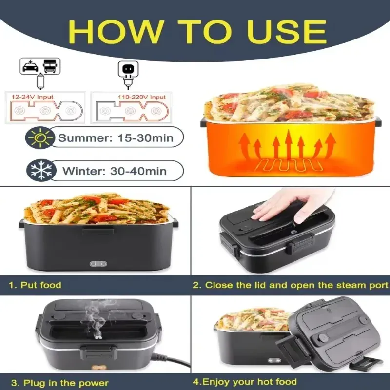 Lunch Box Chauffante Électrique 75 W — Cuve Inox 304 1,8 L — 12 V / 24 V / 220 V avec Sac Isotherme