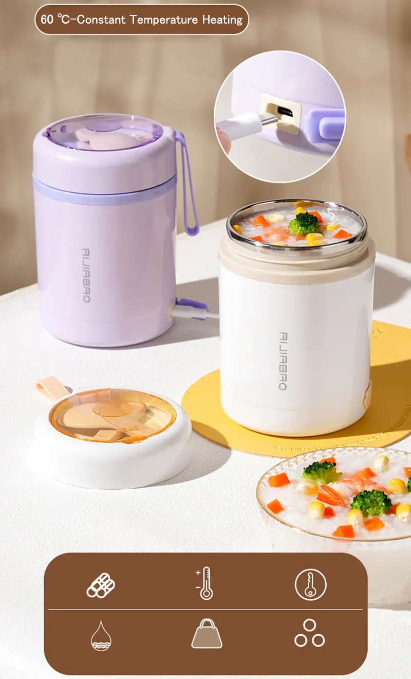 Lunchbox Chauffante USB 600 ml — Acier Inoxydable 304, 60 °C, Étanche