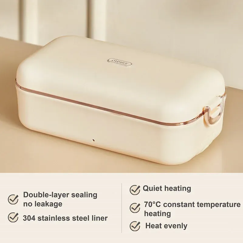 Lunch Box Chauffante Électrique 45W 800ml — Cuve Inox 304, Sans Eau, 70°C