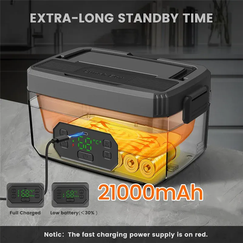 Lunch Box Chauffante Sans Fil 1,2 L — Batterie 21 000 mAh, Inox 304, Maintien au Chaud 7 h