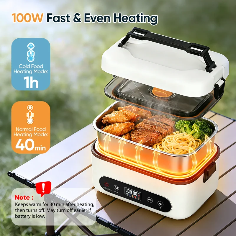 Lunch Box Chauffante Sans Fil 100W — Batterie 12000mAh, 1,2L Inox, 4 Modes, Minuterie 12h