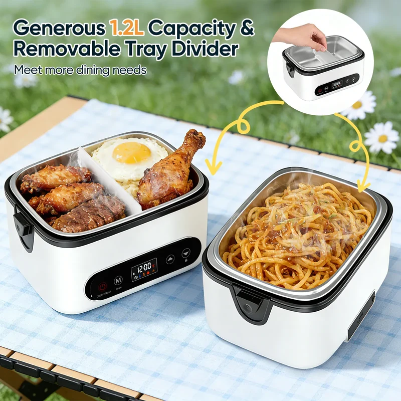 Lunch Box Chauffante Sans Fil 100W — Batterie 12000mAh, 1,2L Inox, 4 Modes, Minuterie 12h