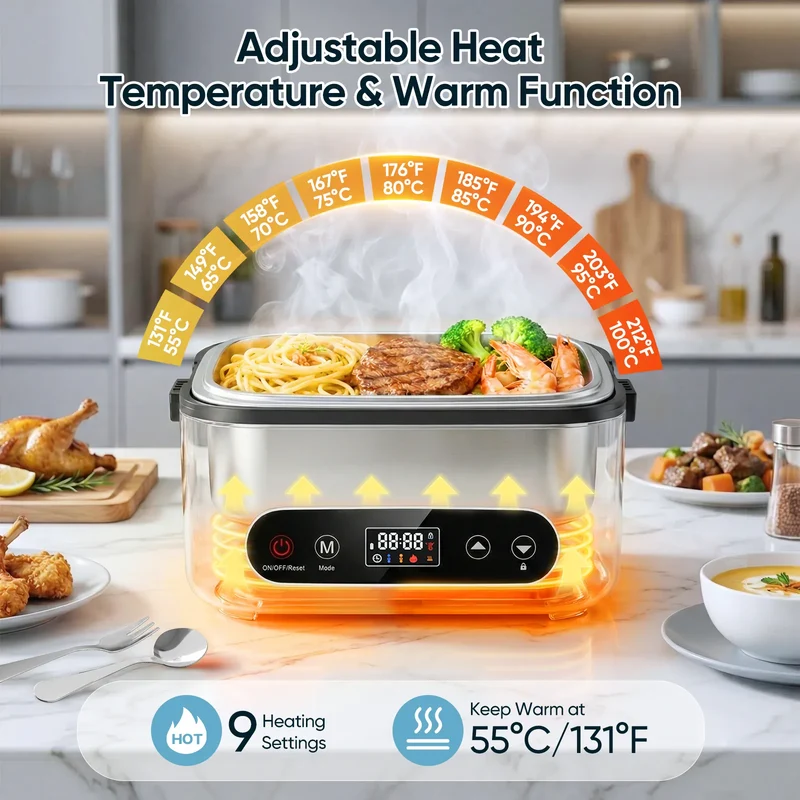 Lunch Box Chauffante Sans Fil 100W — Batterie 12000mAh, 1,2L Inox, 4 Modes, Minuterie 12h