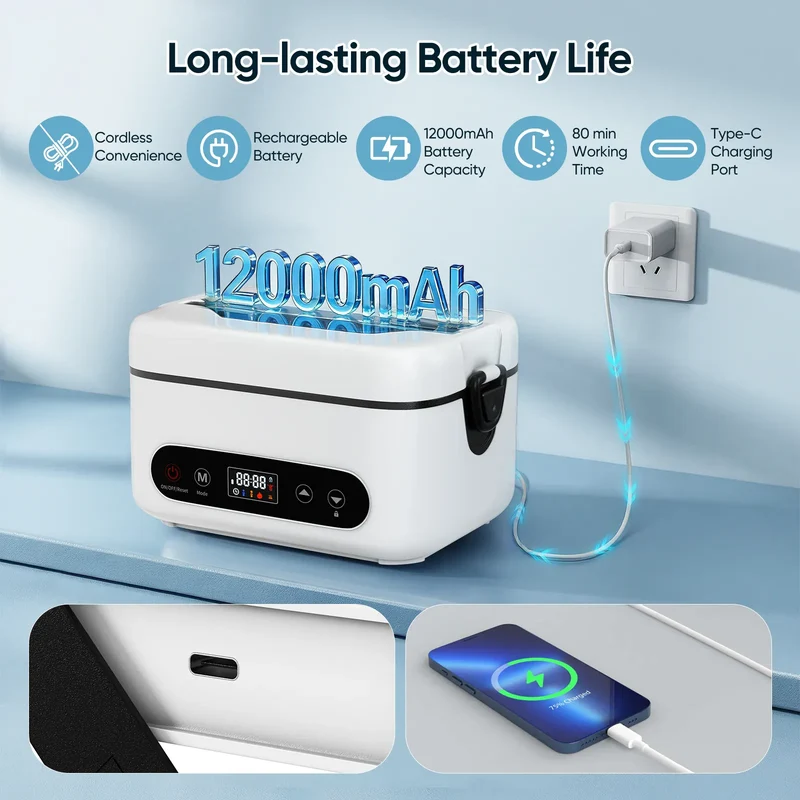 Lunch Box Chauffante Sans Fil 100W — Batterie 12000mAh, 1,2L Inox, 4 Modes, Minuterie 12h