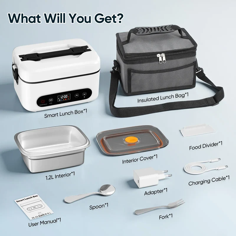 Lunch Box Chauffante Sans Fil 100W — Batterie 12000mAh, 1,2L Inox, 4 Modes, Minuterie 12h