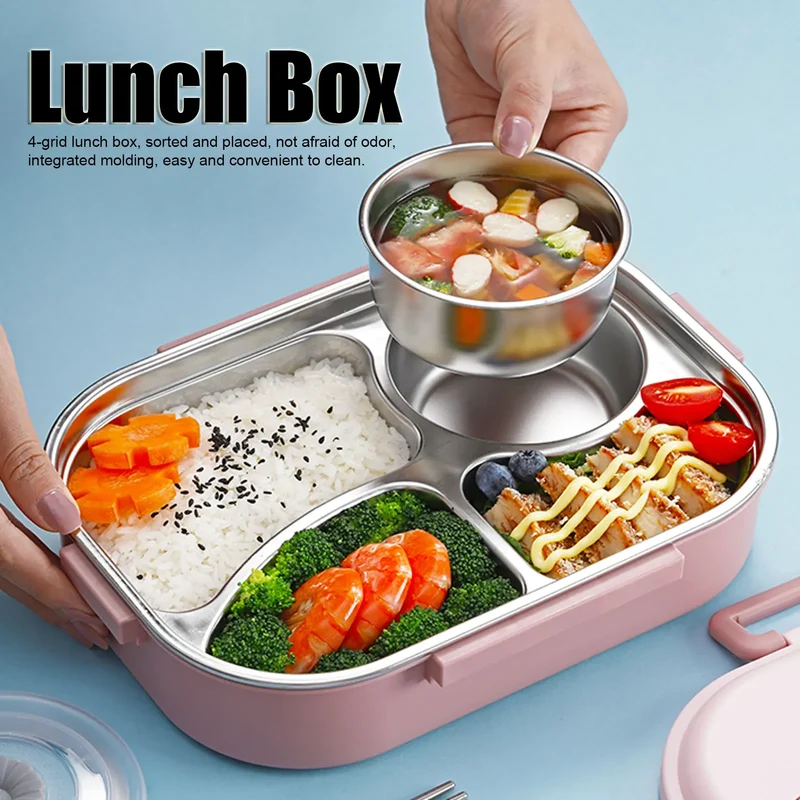 LunchBox Inox — 4 Compartiments, Bol à Soupe 300 ml, Isolation par Eau Chaude