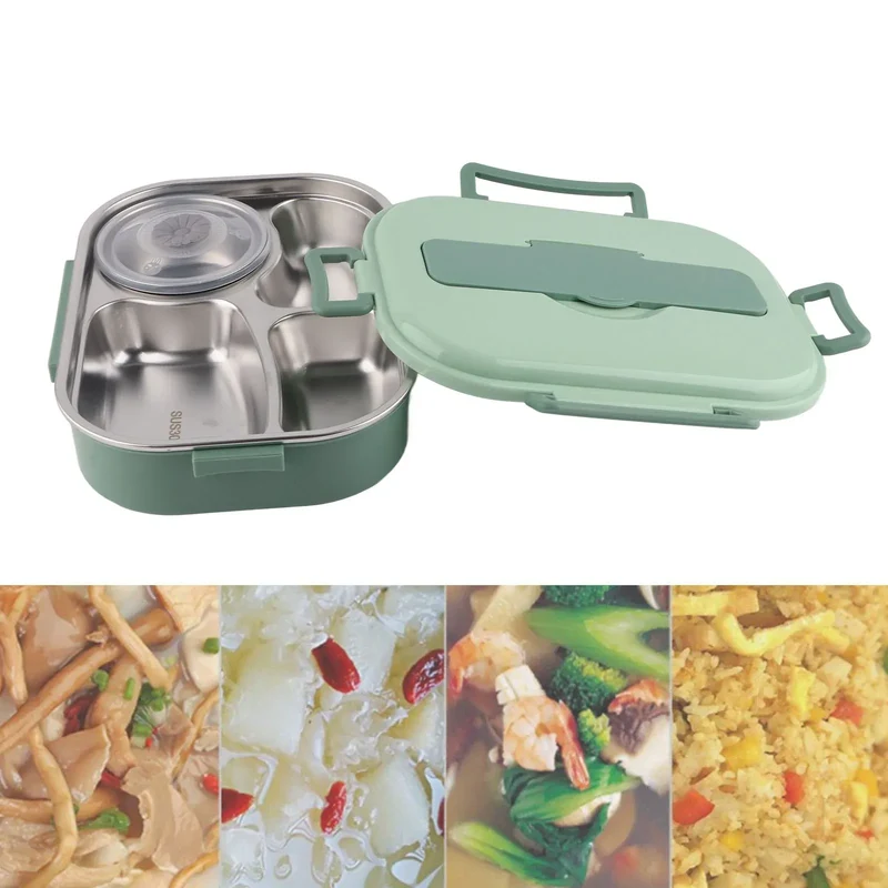 LunchBox Inox — 4 Compartiments, Bol à Soupe 300 ml, Isolation par Eau Chaude