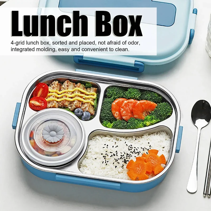 LunchBox Inox — 4 Compartiments, Bol à Soupe 300 ml, Isolation par Eau Chaude