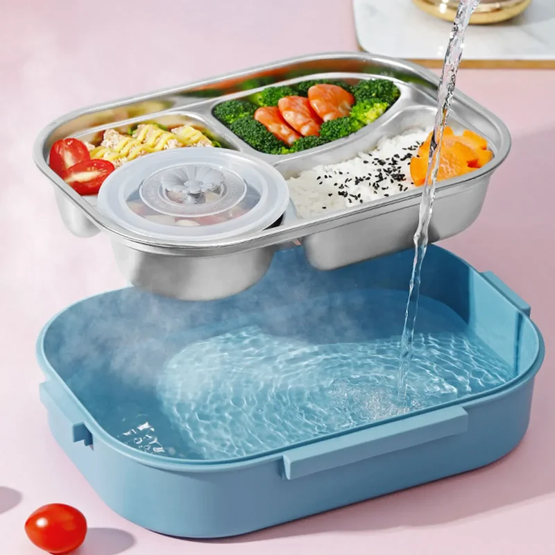 LunchBox Inox — 4 Compartiments, Bol à Soupe 300 ml, Isolation par Eau Chaude