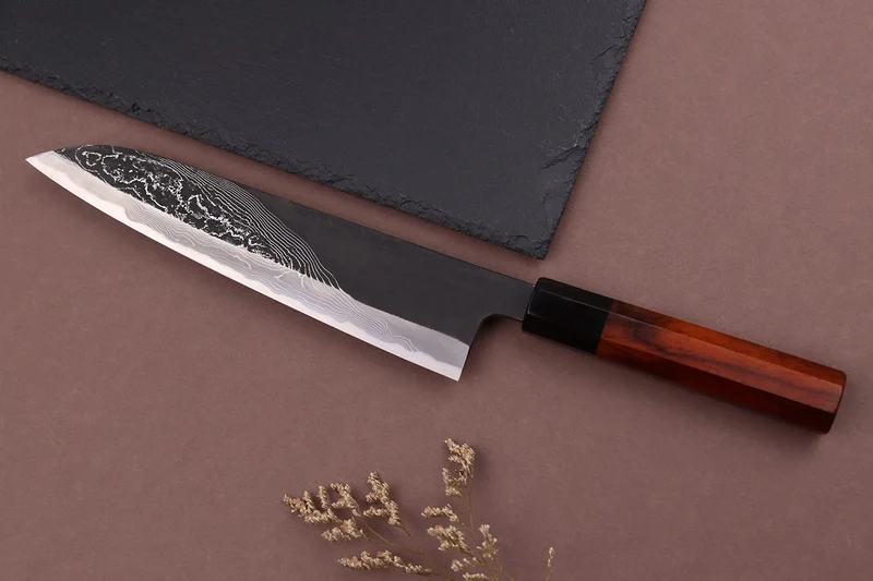 Couteau de chef 21cm japonais artisanal Hinoura Tsukasa River Jump manche bloodwood