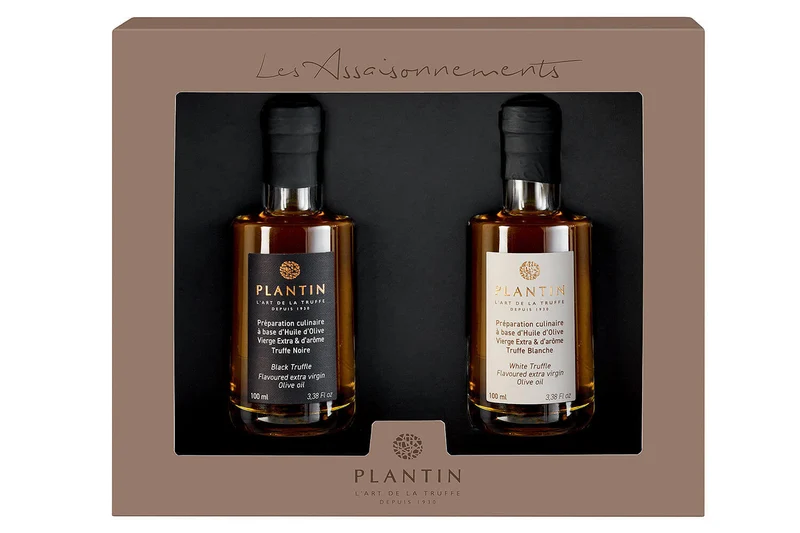 Coffret cadeau truffes Plantin 2 huiles d'olive extra vierge : truffe blanche et truffe noire