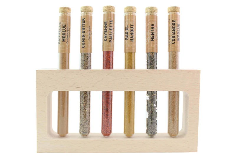 Coffret 6 épices en tube Le Monde en Tube Saveurs orientales + support bois