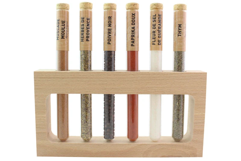 Coffret 6 épices en tube Le Monde en Tube Saveurs de nos régions + support bois