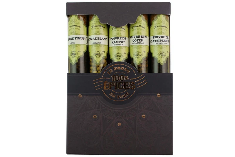 Coffret d'épices Le Monde en Tube Poivres du monde 5 saveurs