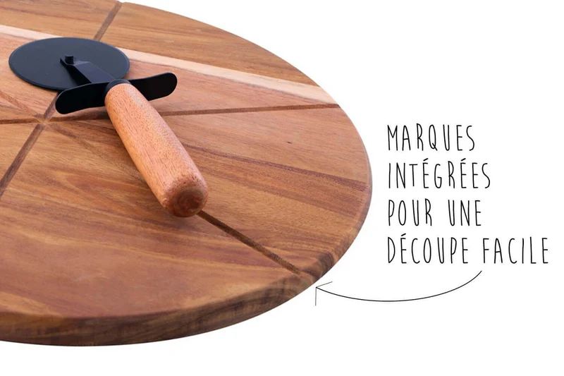 Set spécial pizza Point Virgule avec roulette à pizza et planche à servir en acacia