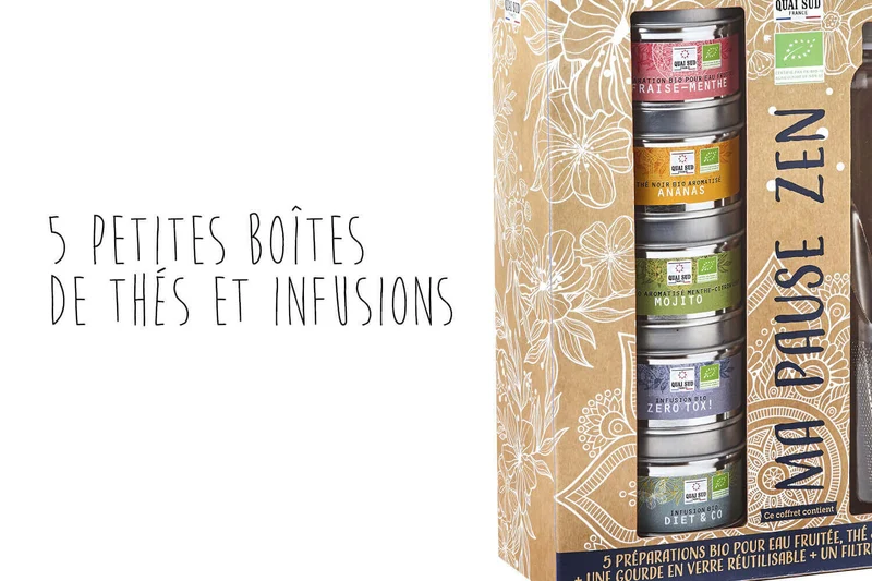 Coffret thés et infusions bio Quai Sud Ma Pause Zen + gourde en verre et filtre à thé