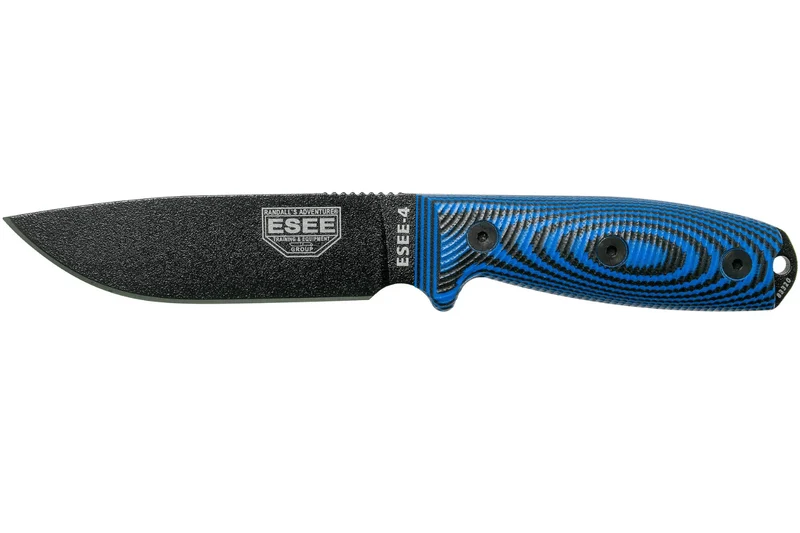 Couteau Esee 4 4PB-008 lame acier carbone 11,6cm manche G10 bleu et noir + étui