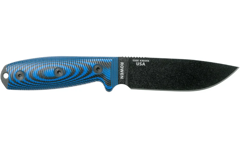 Couteau Esee 4 4PB-008 lame acier carbone 11,6cm manche G10 bleu et noir + étui