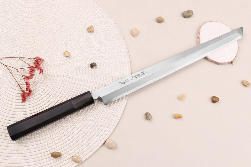 Couteau sakimaru takohiki japonais artisanal 30cm Sakai Takayuki Byakko manche en ébène + étui