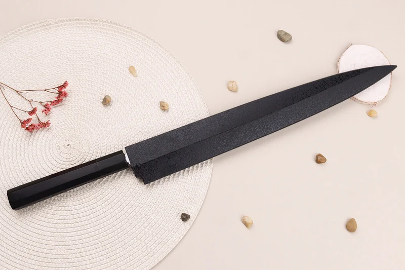 Couteau yanagiba japonais artisanal 33cm Sakai Takayuki Byakko manche en ébène + étui