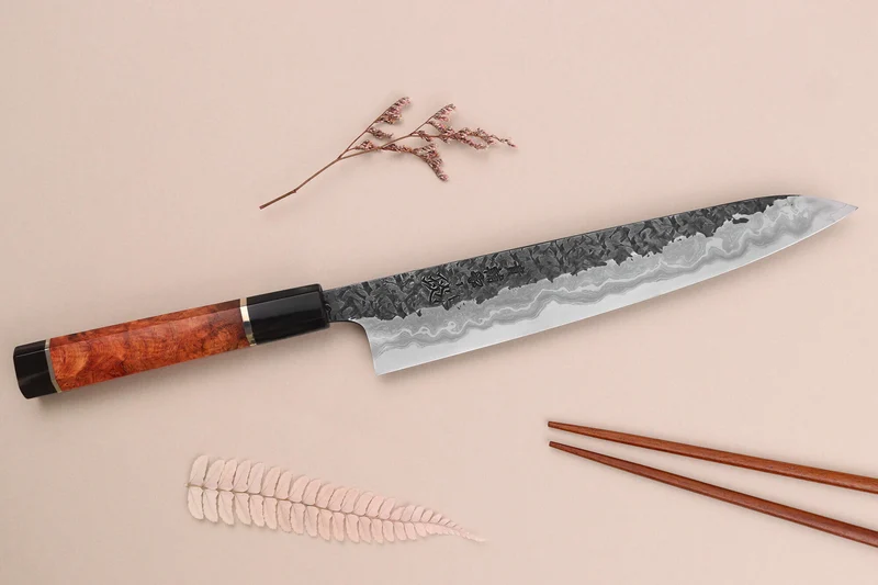 Couteau sujihiki 24cm japonais artisanal Kisuke Manaka Enn en cognassier avec 2 anneaux