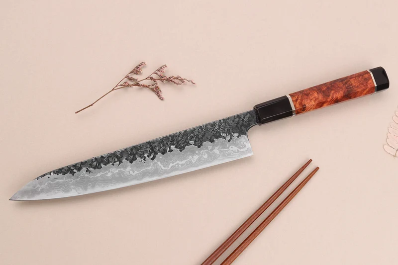 Couteau sujihiki 24cm japonais artisanal Kisuke Manaka Enn en cognassier avec 2 anneaux