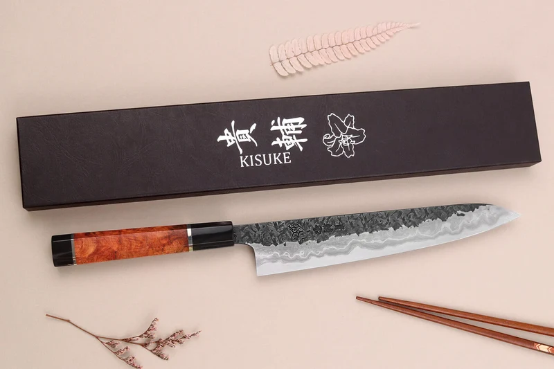 Couteau sujihiki 24cm japonais artisanal Kisuke Manaka Enn en cognassier avec 2 anneaux