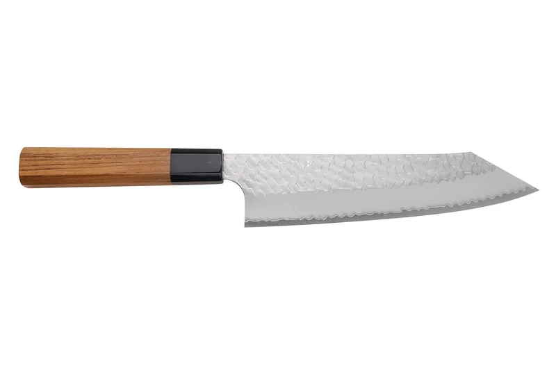 Couteau de chef kiritsuke 20cm japonais artisanal Nigara Hamono Migaki Tsuchime SG2 teck