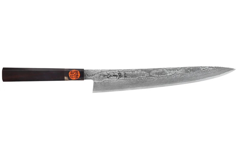 Couteau sujihiki 27cm japonais artisanal Shigeki Tanaka SG2 Kurozome Damas ébène