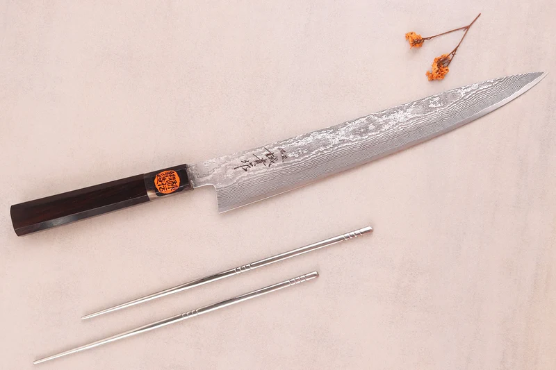 Couteau sujihiki 27cm japonais artisanal Shigeki Tanaka SG2 Kurozome Damas ébène