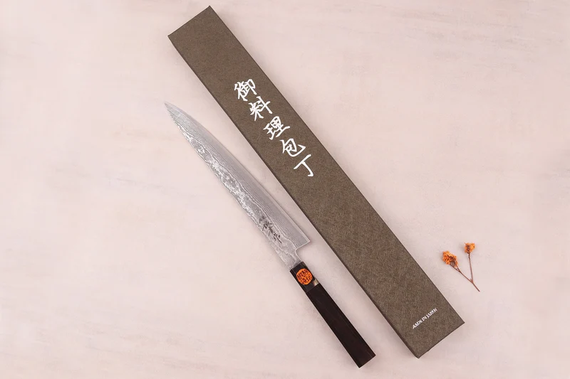 Couteau sujihiki 27cm japonais artisanal Shigeki Tanaka SG2 Kurozome Damas ébène