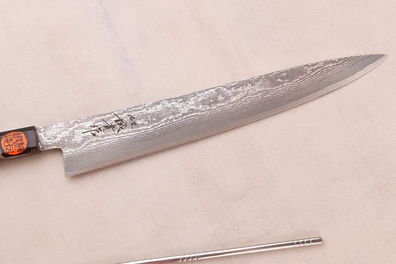 Couteau sujihiki 27cm japonais artisanal Shigeki Tanaka SG2 Kurozome Damas ébène